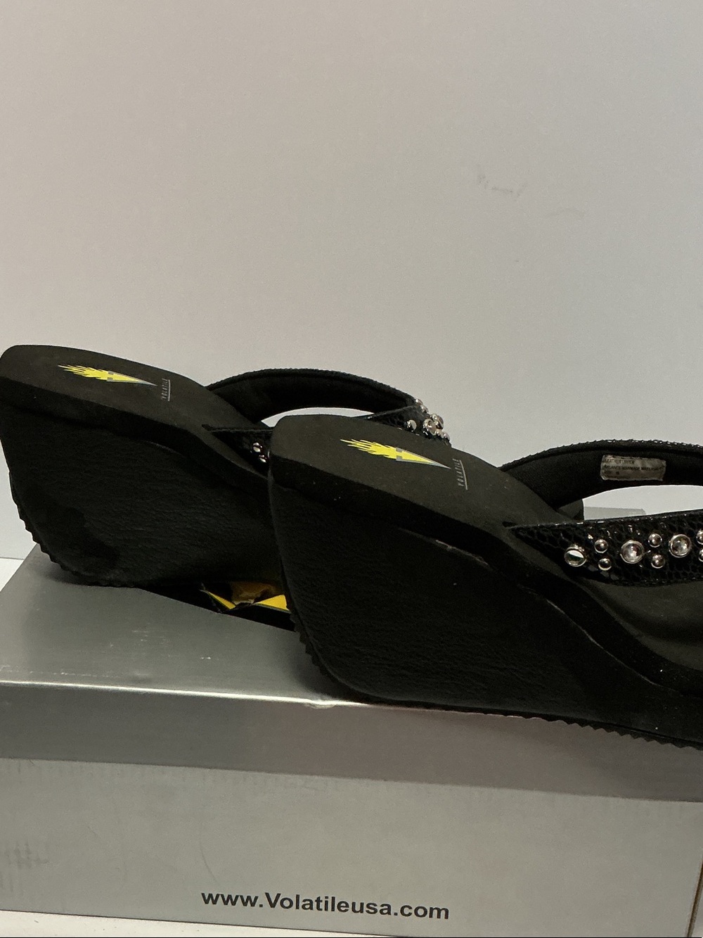 Volatile Black Wedge Thong Sandals with Crystal Accents - Picture 2 of 8